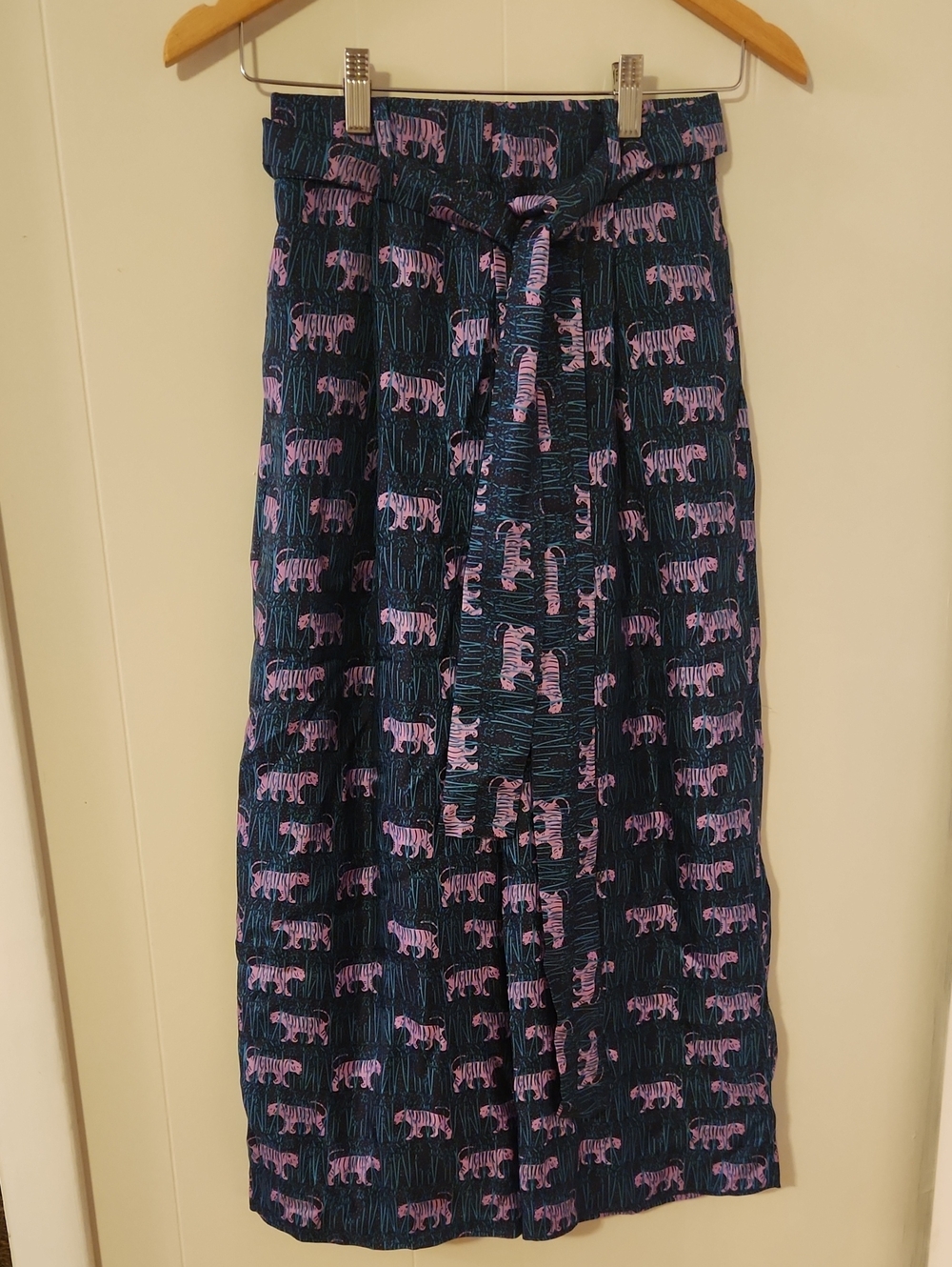 J. Crew Navy 100% Silk Wide-Leg Pants with Pink Tiger Print and Self Tie